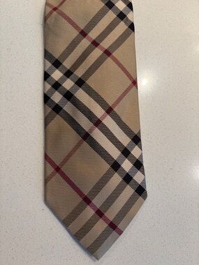 Burberry Tan Plaid Silk Tie with Navy & Red Accents